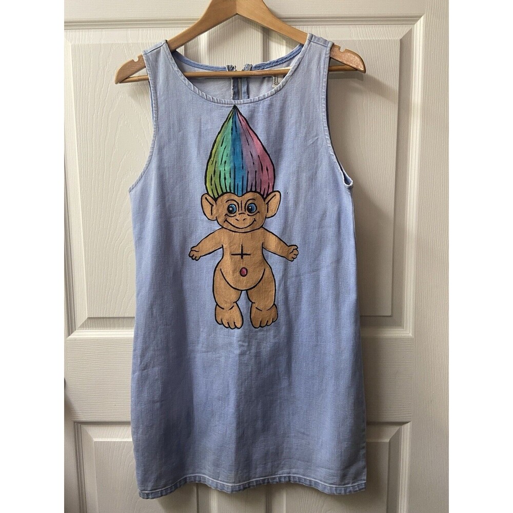Forever 21 Jumper Juniors Medium Light Denim Jean Rainbow Troll Hand Painted Zip